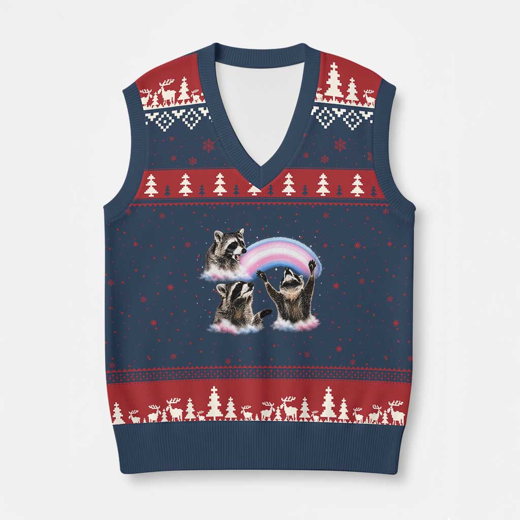 Howling Raccoon LGBTQ Pride V-Neck Knit Sweater Vest Rainbow Trash Panda Support