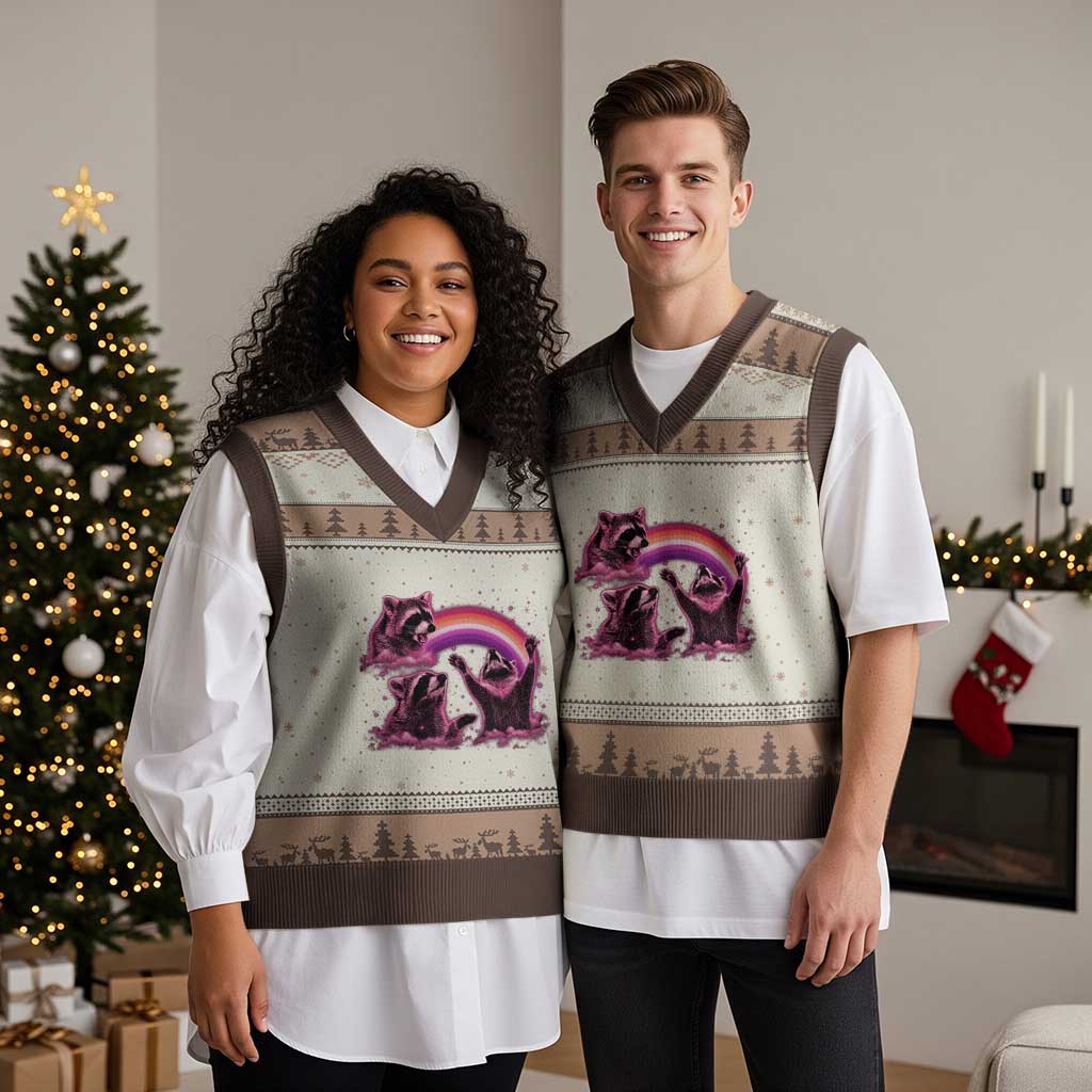 Funny Pink Raccoon Live Laugh V-Neck Knit Sweater Vest Lesbian Pride Month