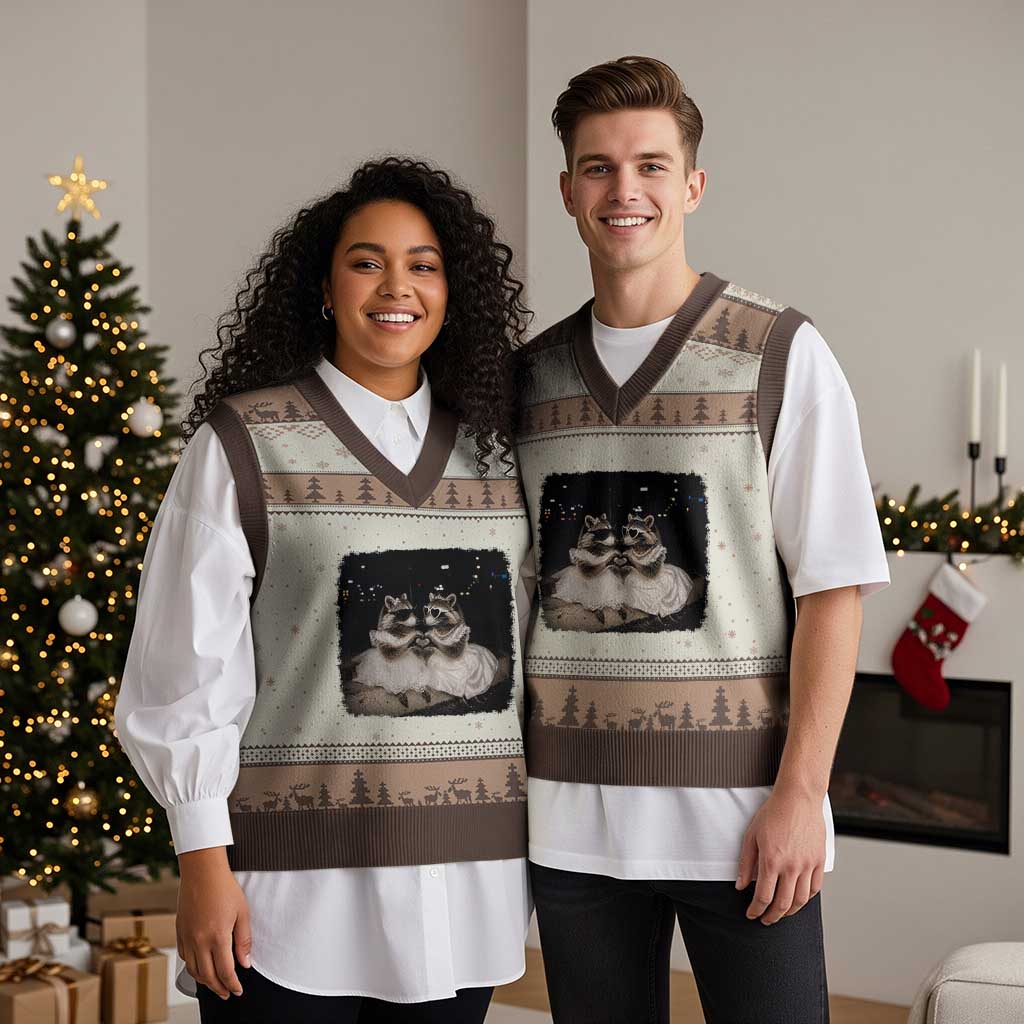 Funny Lesbian Raccoon Engagement V-Neck Knit Sweater Vest LGBTQ Pride Gift