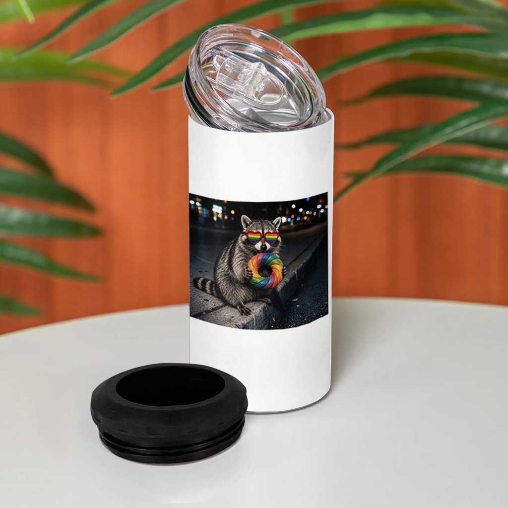Raccoon Eating Baguette Graphic 4 in 1 Can Cooler Tumbler Humorous Gay Pride Gift
