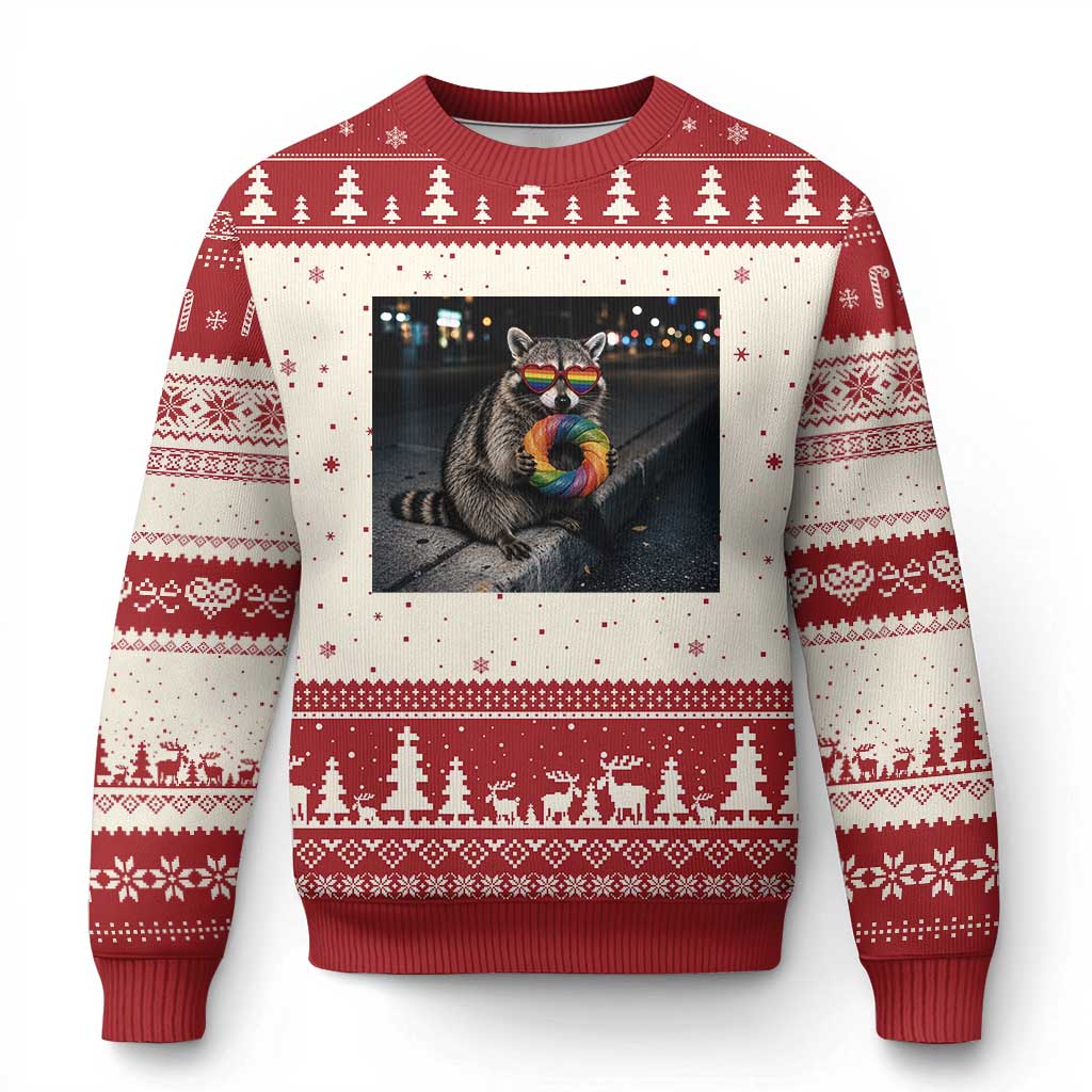 Raccoon Eating Baguette Graphic Ugly Christmas Sweater Humorous Gay Pride Gift