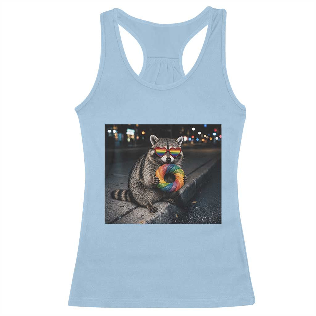 Raccoon Eating Baguette Graphic Racerback Tank Top Humorous Gay Pride Gift