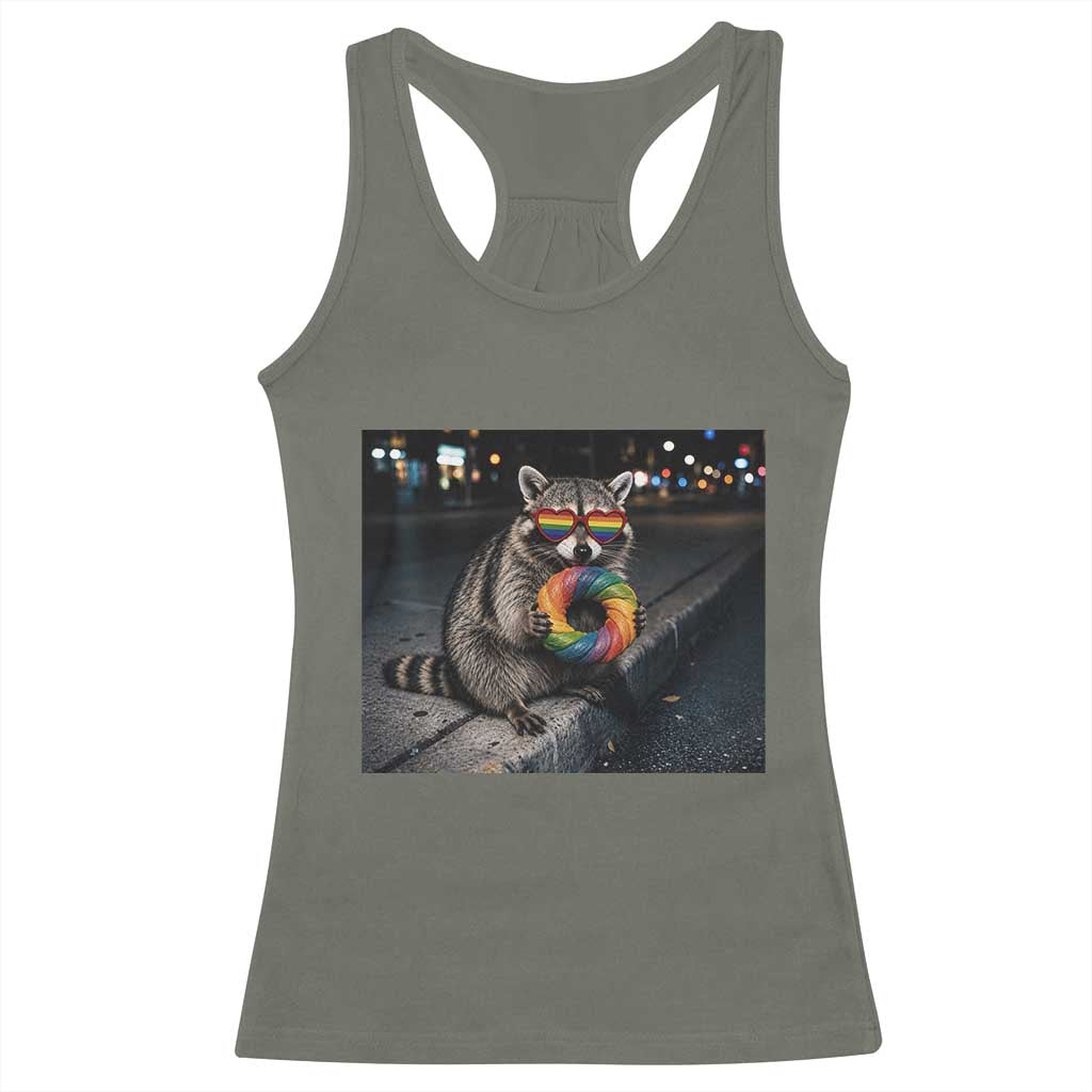Raccoon Eating Baguette Graphic Racerback Tank Top Humorous Gay Pride Gift