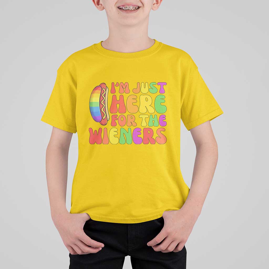Funny Im Just Here For The Wieners T Shirt For Kid LGBTQ Pride Party Gift