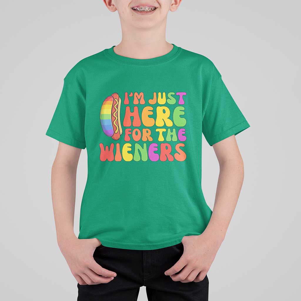 Funny Im Just Here For The Wieners T Shirt For Kid LGBTQ Pride Party Gift