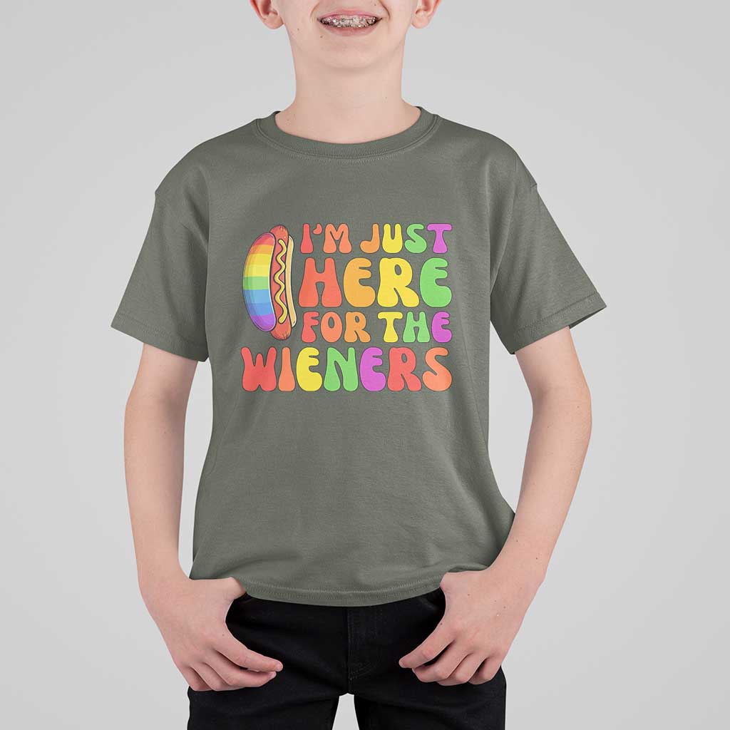 Funny Im Just Here For The Wieners T Shirt For Kid LGBTQ Pride Party Gift