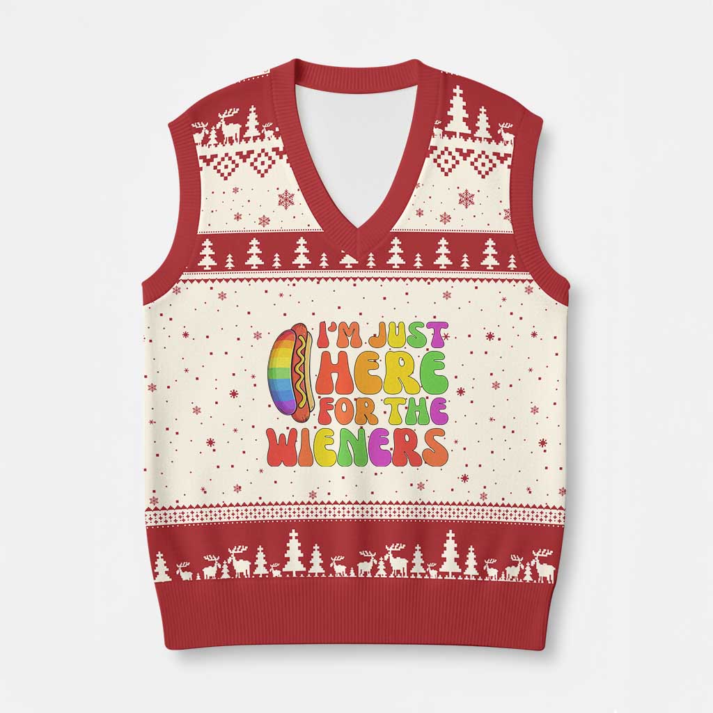 Funny Im Just Here For The Wieners V-Neck Knit Sweater Vest LGBTQ Pride Party Gift