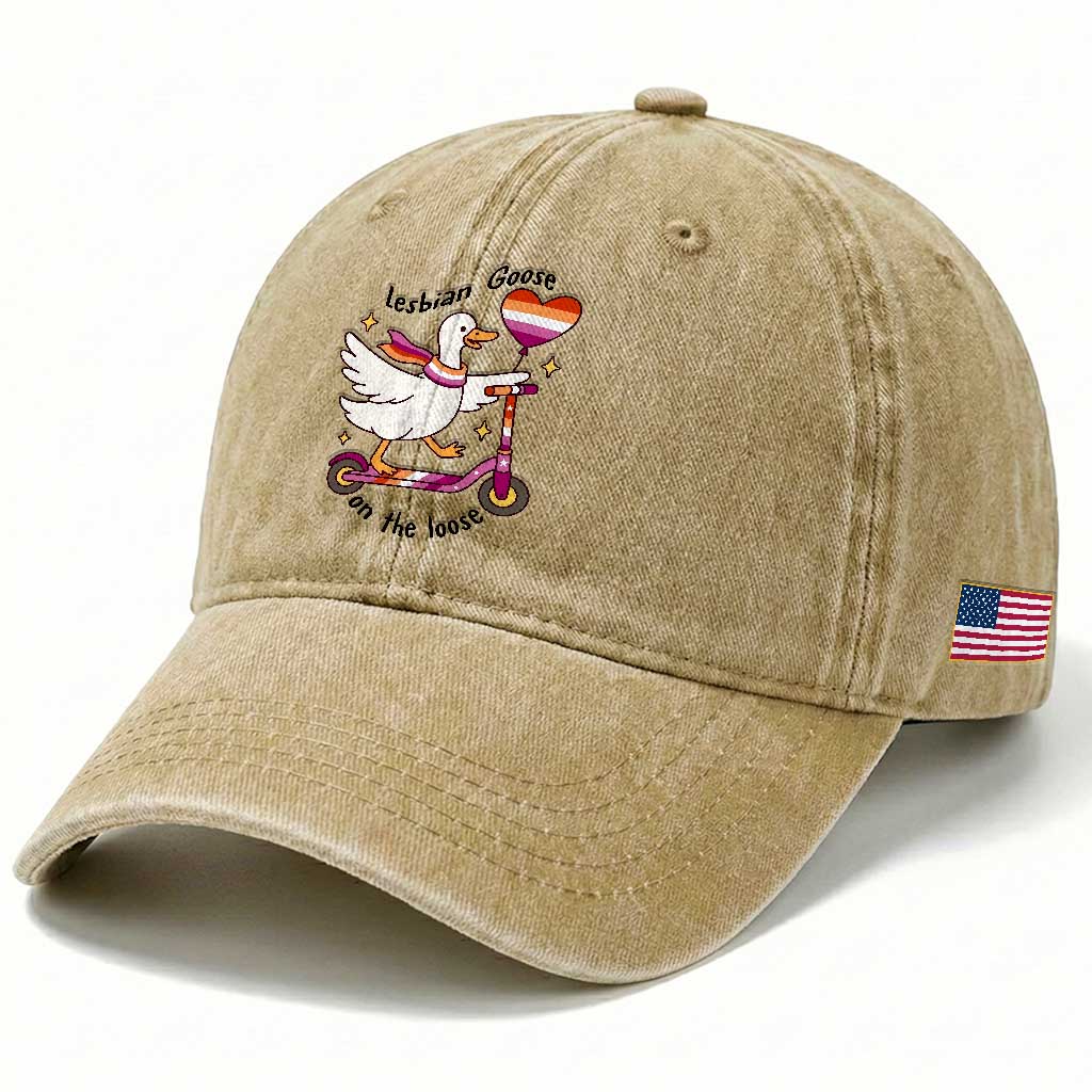 Lesbian Goose On The Loose Washed Cotton Baseball Cap Funny LGBTQ Animal Pride Gift
