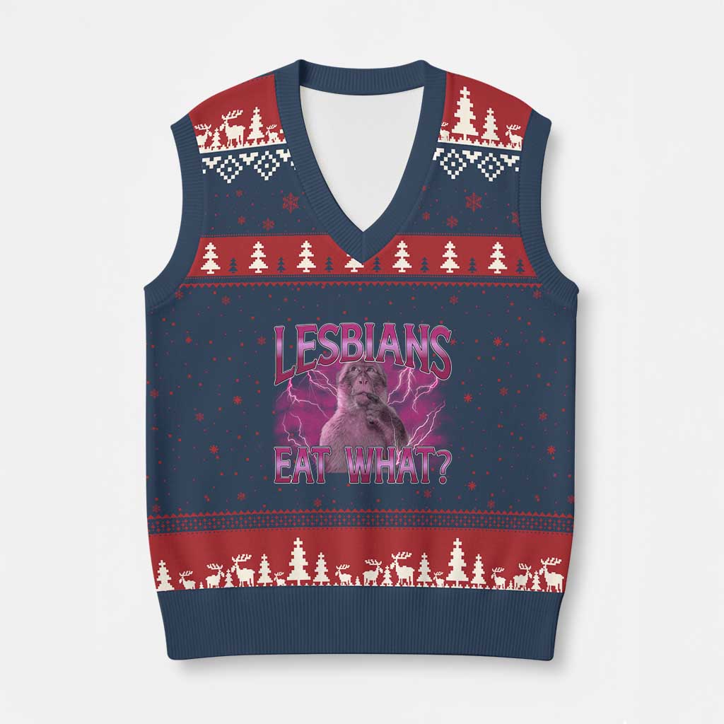 Funny Monkey Meme Lesbians Eat What V-Neck Knit Sweater Vest LGBTQ Pride Gift