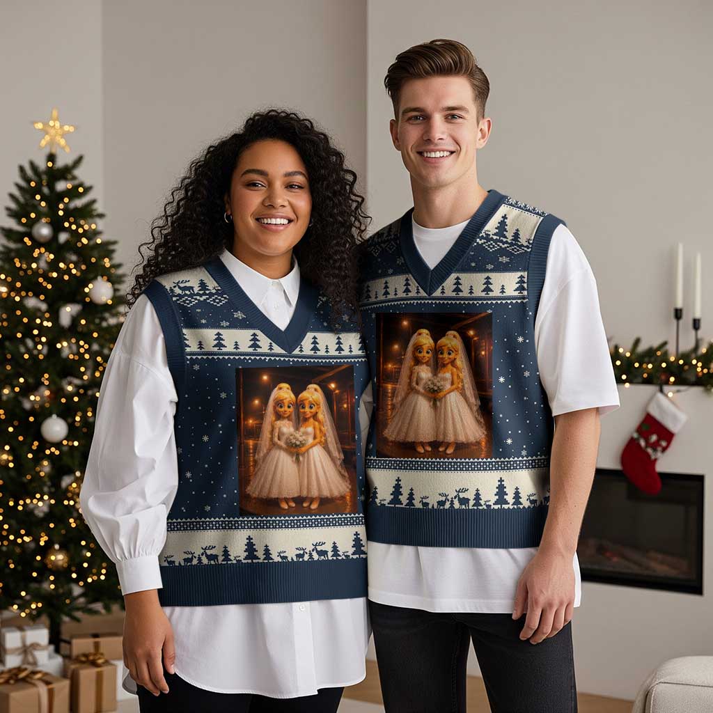 Funny Lesbian Pride Tung Tung Sahur Engagement Gift V-Neck Knit Sweater Vest
