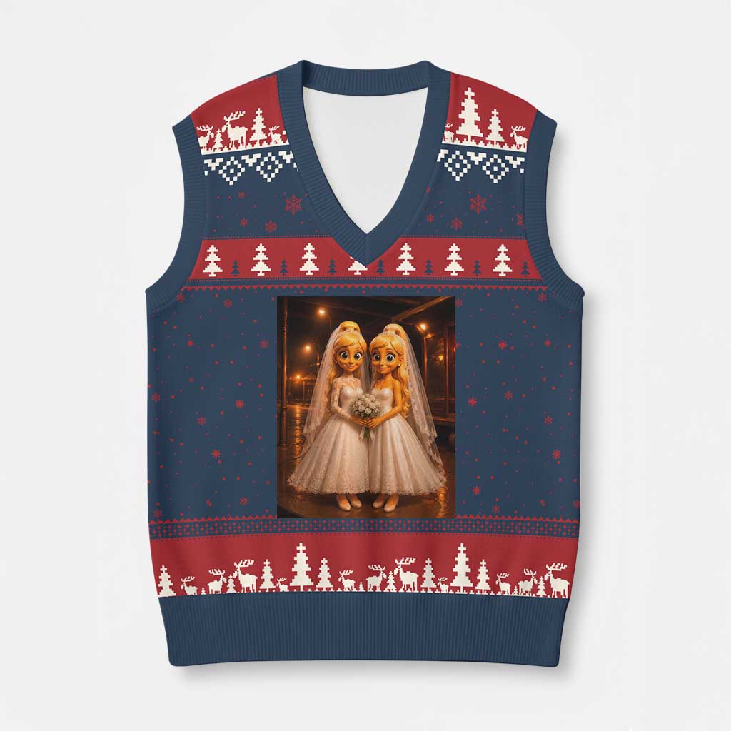 Funny Lesbian Pride Tung Tung Sahur Engagement Gift V-Neck Knit Sweater Vest
