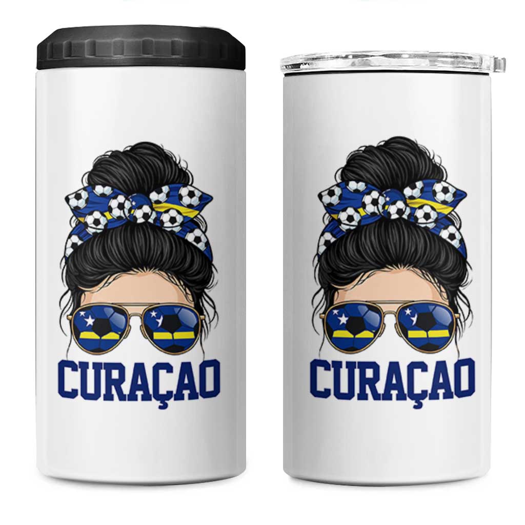 Curacao Soccer Messy Bun Girl 4 in 1 Can Cooler Tumbler Proud Curacaoan Heritage Gift