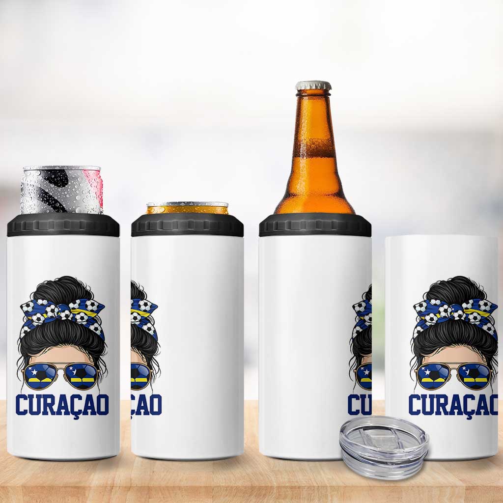 Curacao Soccer Messy Bun Girl 4 in 1 Can Cooler Tumbler Proud Curacaoan Heritage Gift