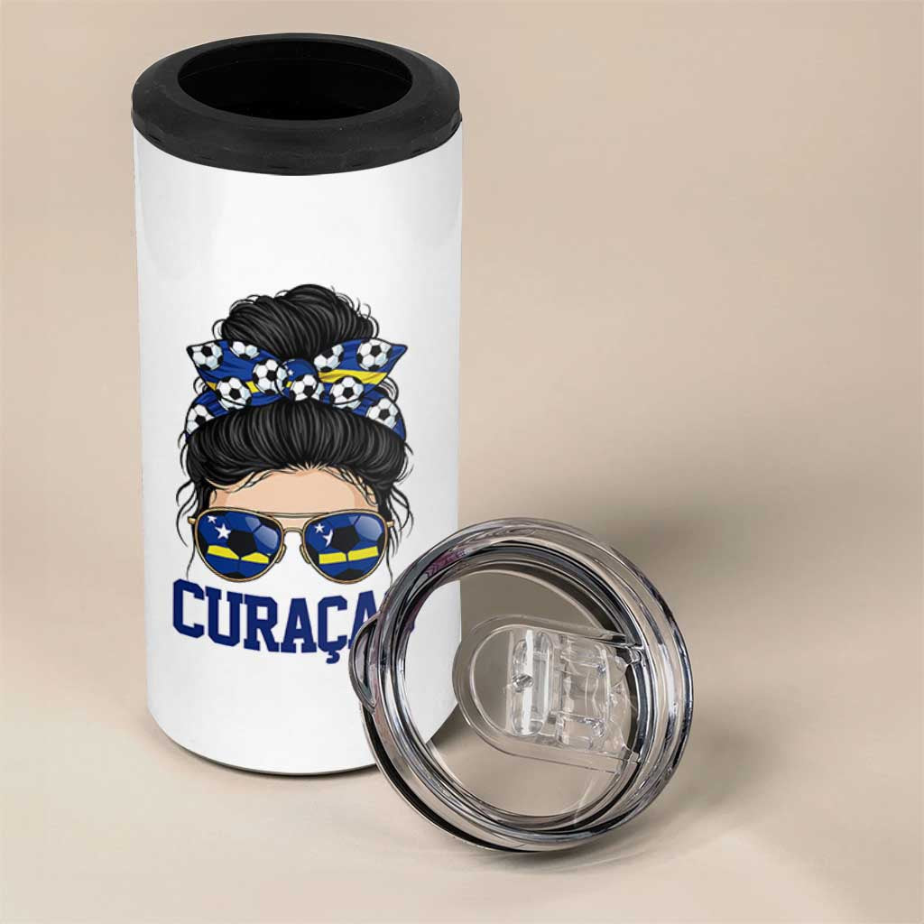 Curacao Soccer Messy Bun Girl 4 in 1 Can Cooler Tumbler Proud Curacaoan Heritage Gift