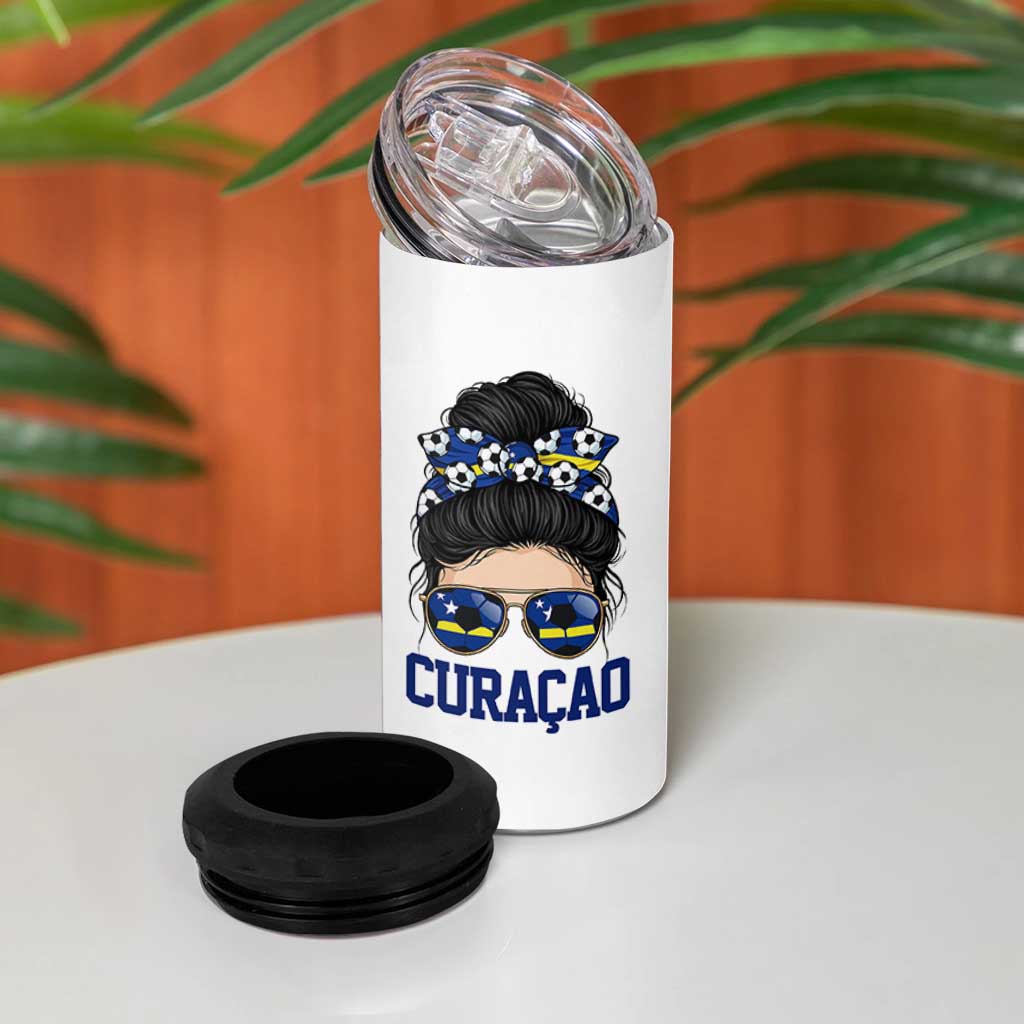 Curacao Soccer Messy Bun Girl 4 in 1 Can Cooler Tumbler Proud Curacaoan Heritage Gift