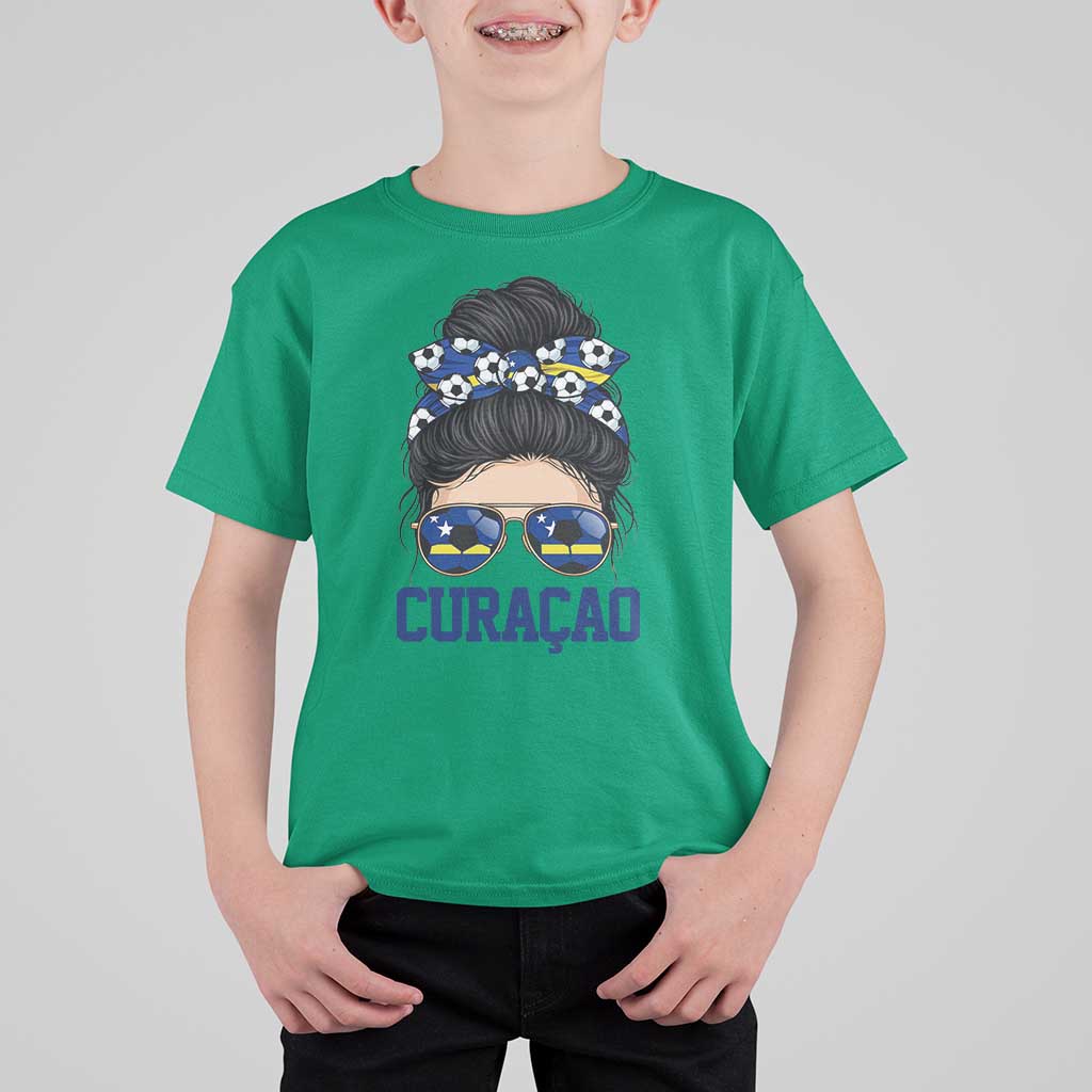 Curacao Soccer Messy Bun Girl T Shirt For Kid Proud Curacaoan Heritage Gift