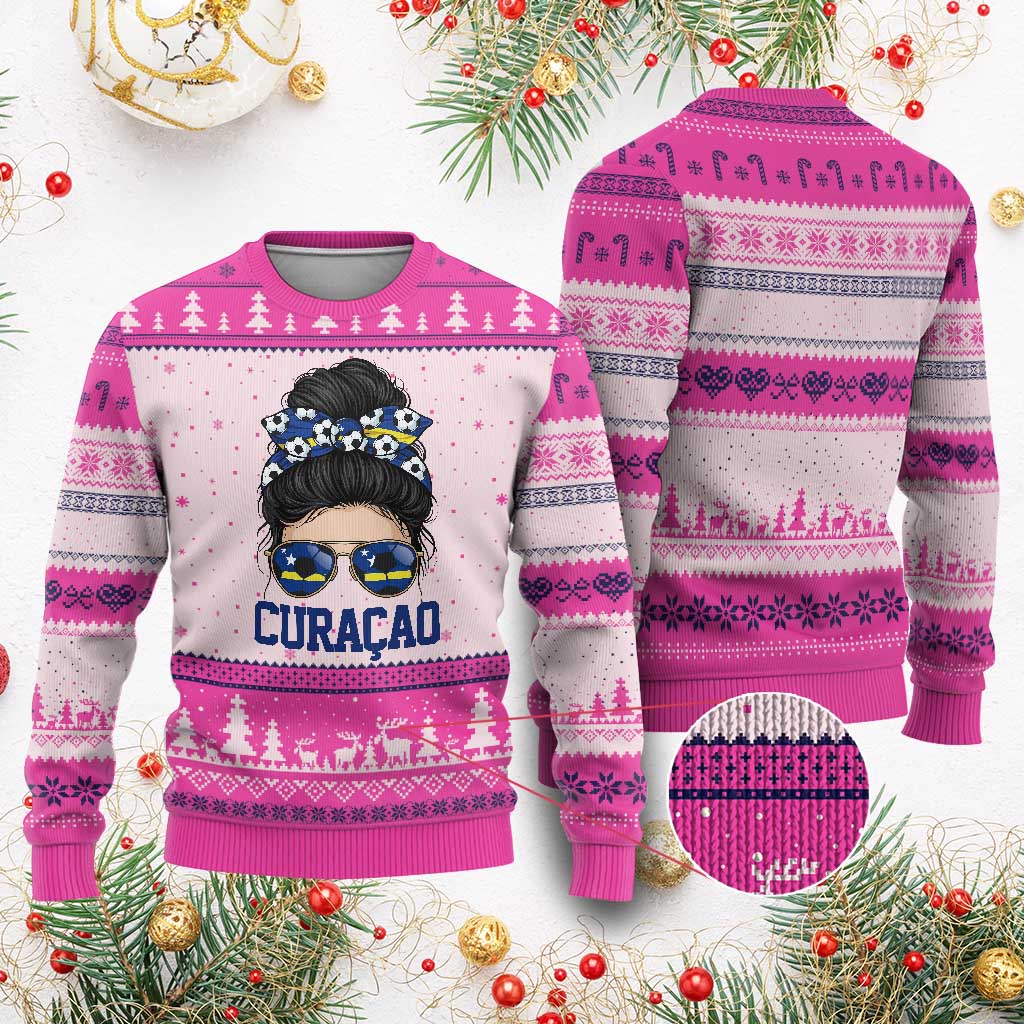 Curacao Soccer Messy Bun Girl Ugly Christmas Sweater Proud Curacaoan Heritage Gift