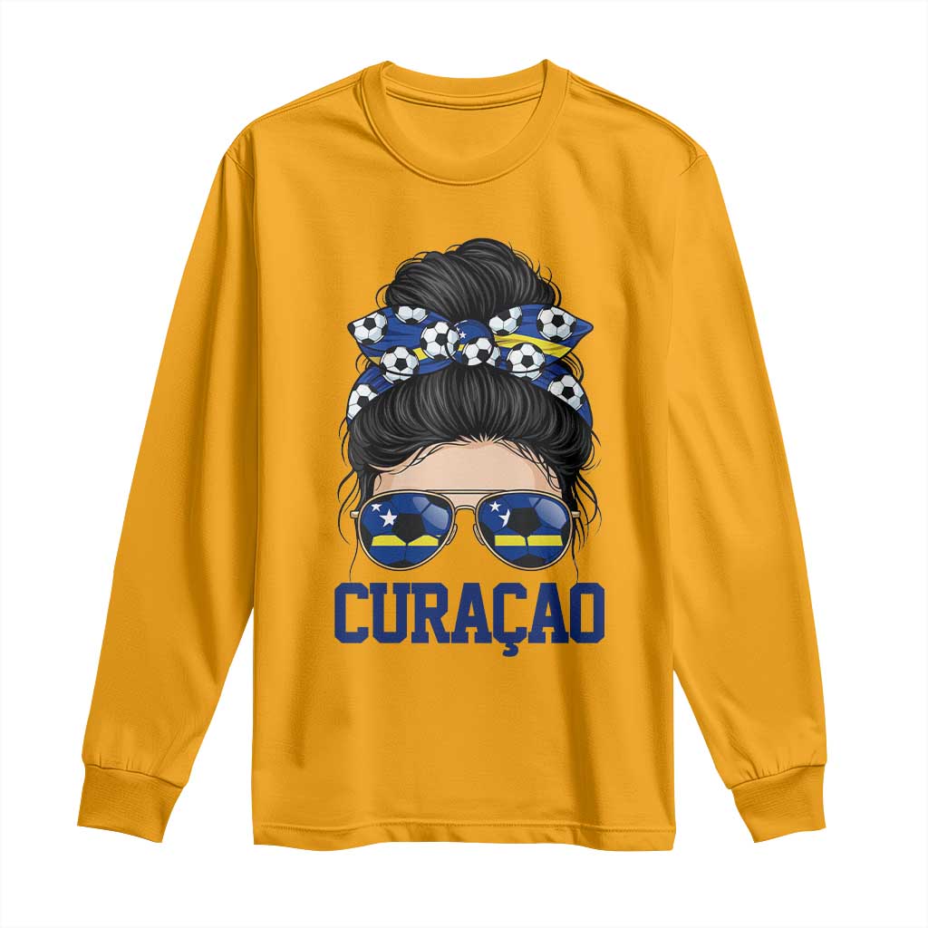 Curacao Soccer Messy Bun Girl Long Sleeve Shirt Proud Curacaoan Heritage Gift