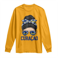 Curacao Soccer Messy Bun Girl Long Sleeve Shirt Proud Curacaoan Heritage Gift