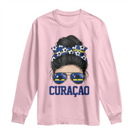 Curacao Soccer Messy Bun Girl Long Sleeve Shirt Proud Curacaoan Heritage Gift
