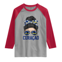Curacao Soccer Messy Bun Girl Raglan Shirt Proud Curacaoan Heritage Gift