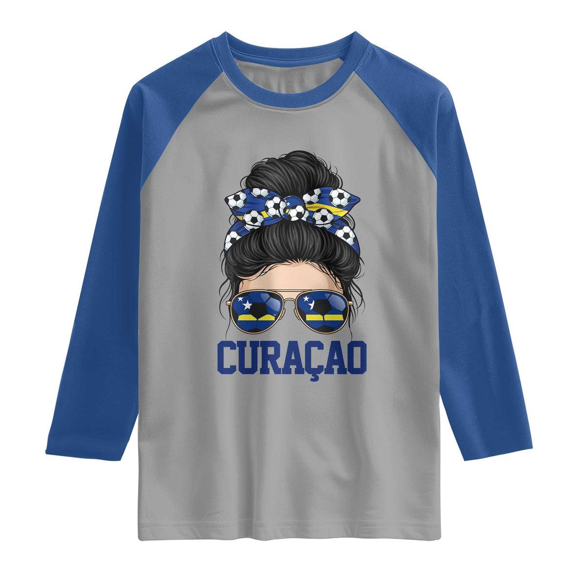 Curacao Soccer Messy Bun Girl Raglan Shirt Proud Curacaoan Heritage Gift