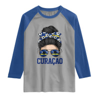 Curacao Soccer Messy Bun Girl Raglan Shirt Proud Curacaoan Heritage Gift