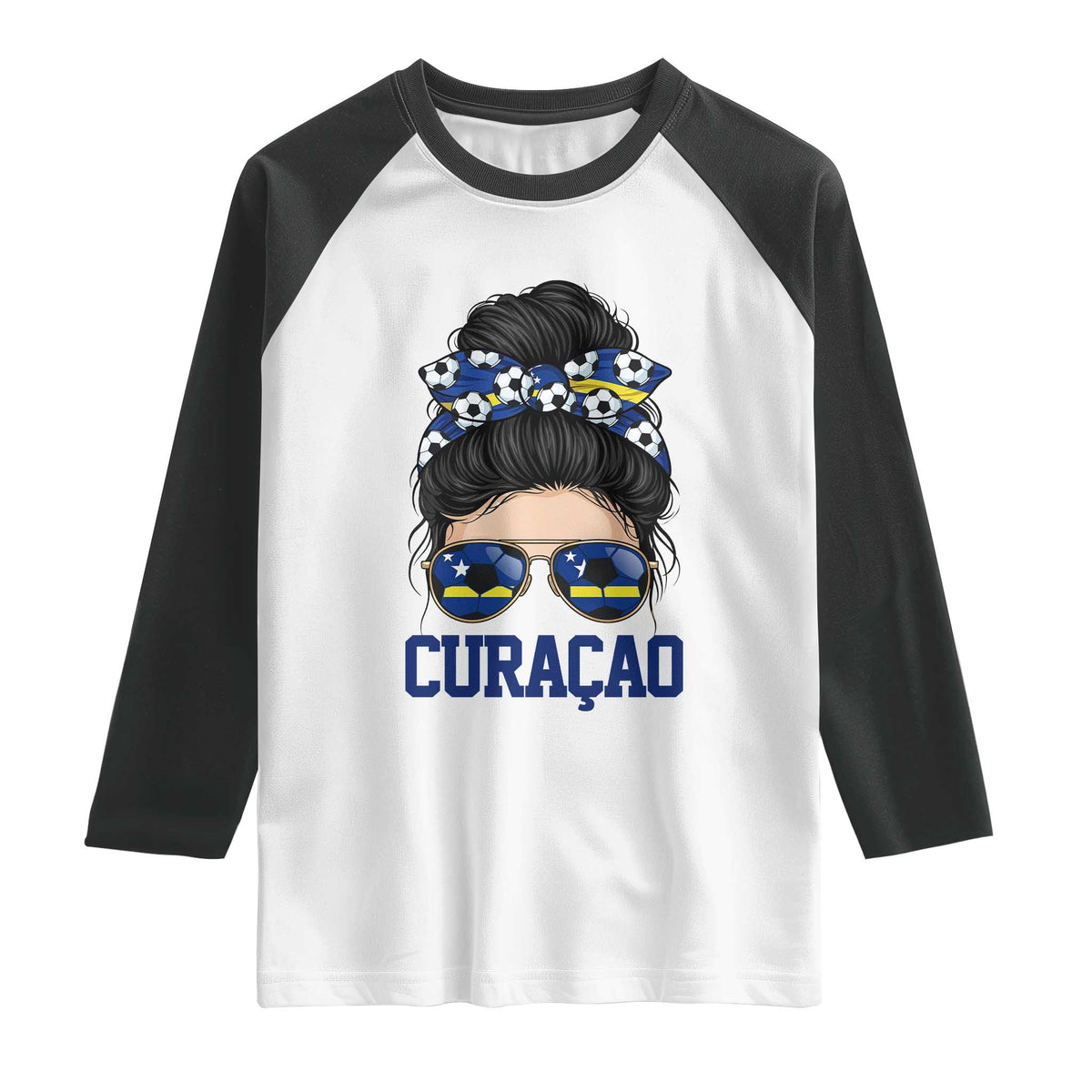 Curacao Soccer Messy Bun Girl Raglan Shirt Proud Curacaoan Heritage Gift