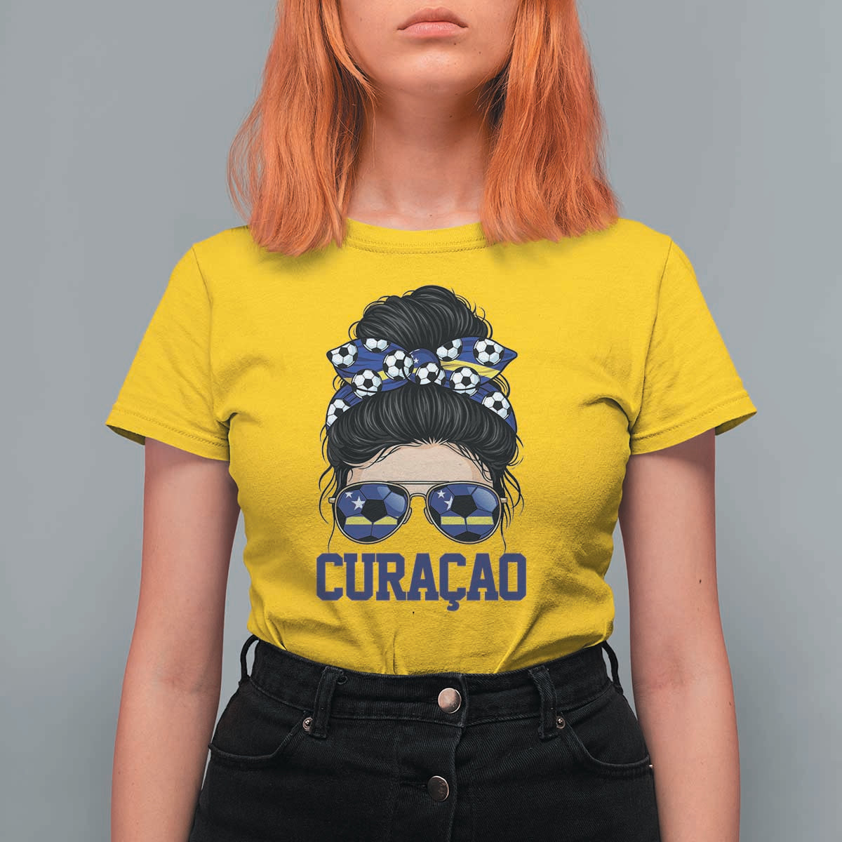 Curacao Soccer Messy Bun Girl T Shirt For Women Proud Curacaoan Heritage Gift