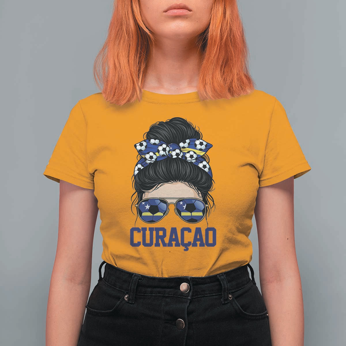 Curacao Soccer Messy Bun Girl T Shirt For Women Proud Curacaoan Heritage Gift