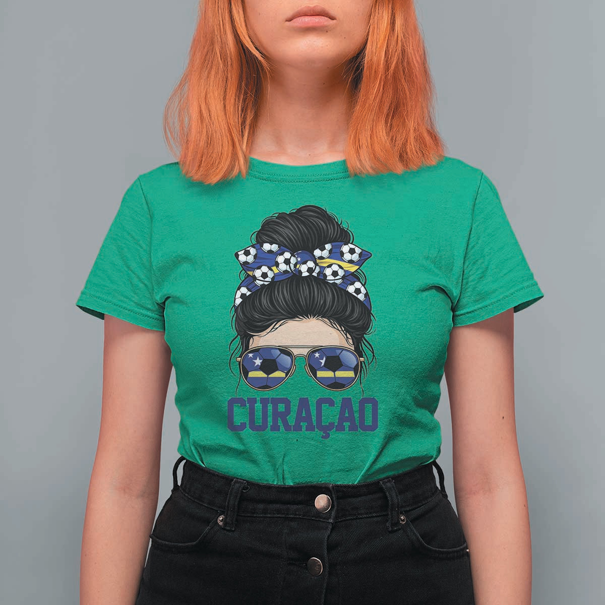 Curacao Soccer Messy Bun Girl T Shirt For Women Proud Curacaoan Heritage Gift