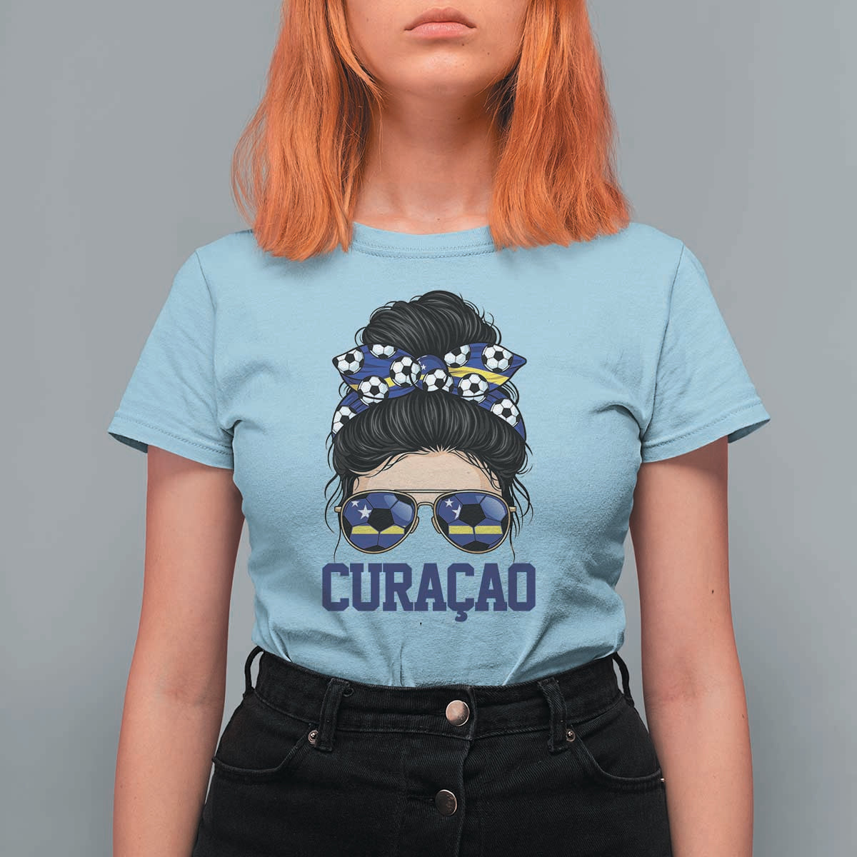 Curacao Soccer Messy Bun Girl T Shirt For Women Proud Curacaoan Heritage Gift