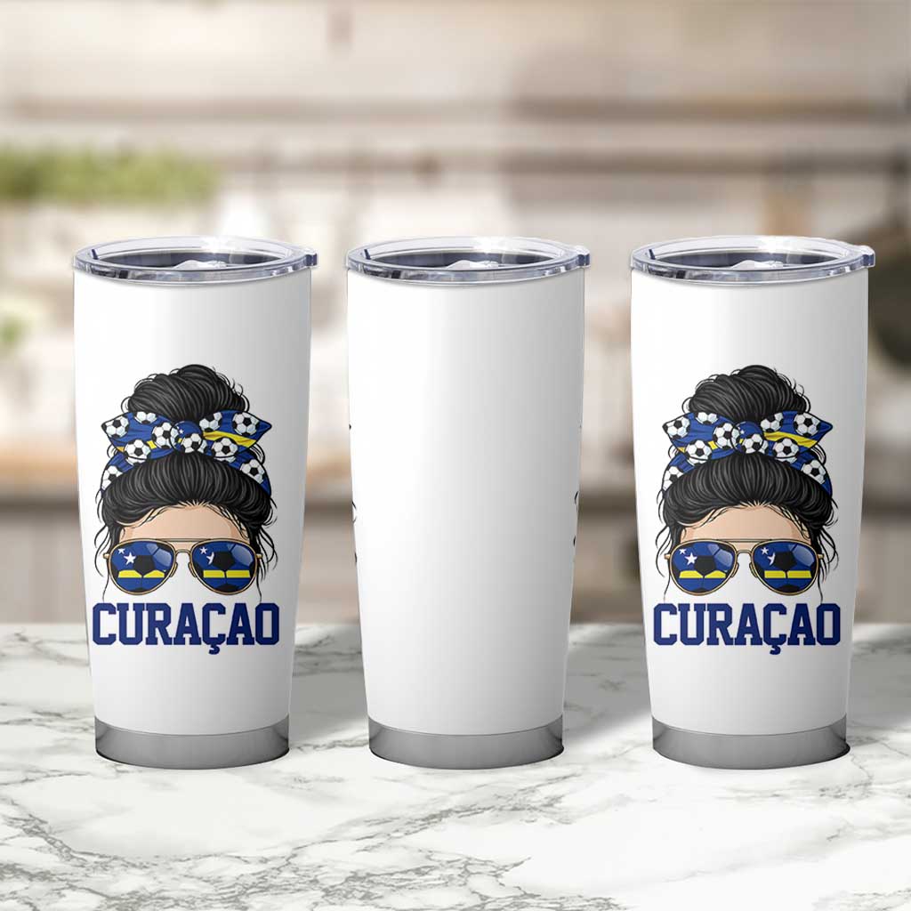 Curacao Soccer Messy Bun Girl Tumbler Cup Proud Curacaoan Heritage Gift