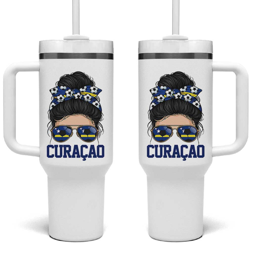 Curacao Soccer Messy Bun Girl Tumbler With Handle Proud Curacaoan Heritage Gift