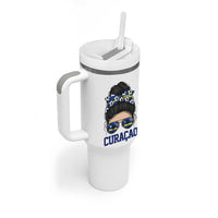 Curacao Soccer Messy Bun Girl Tumbler With Handle Proud Curacaoan Heritage Gift