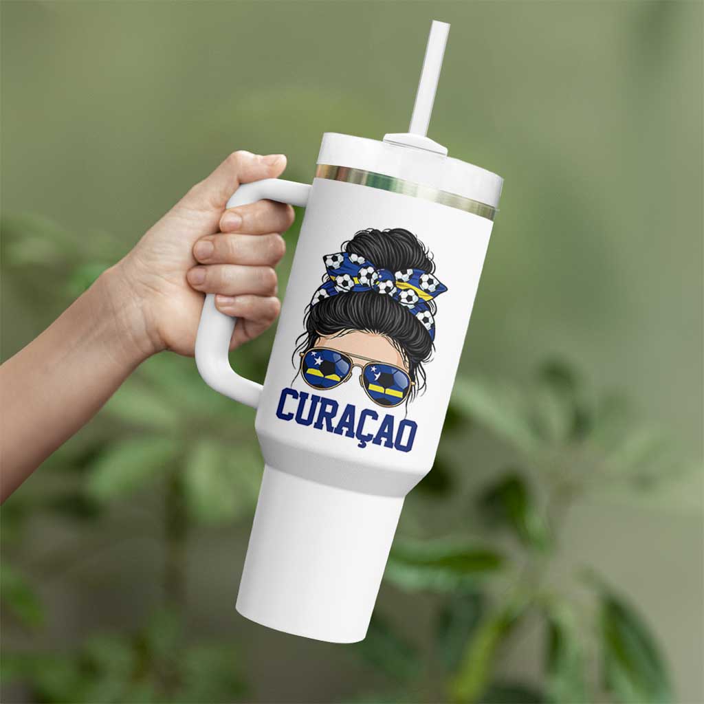 Curacao Soccer Messy Bun Girl Tumbler With Handle Proud Curacaoan Heritage Gift