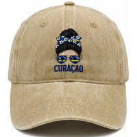 Curacao Soccer Messy Bun Girl Washed Cotton Baseball Cap Proud Curacaoan Heritage Gift