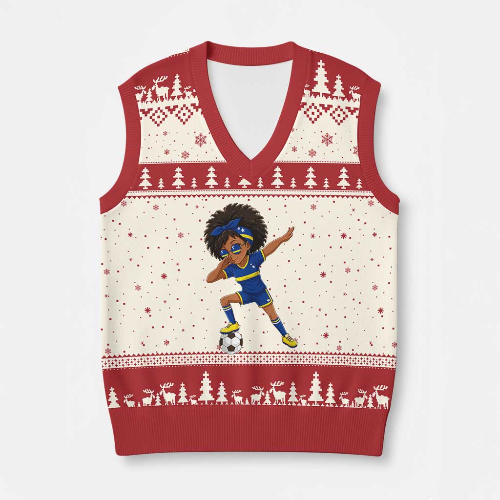 Funny Curacao Soccer Girl V-Neck Knit Sweater Vest Dabbing Football Fan Gift
