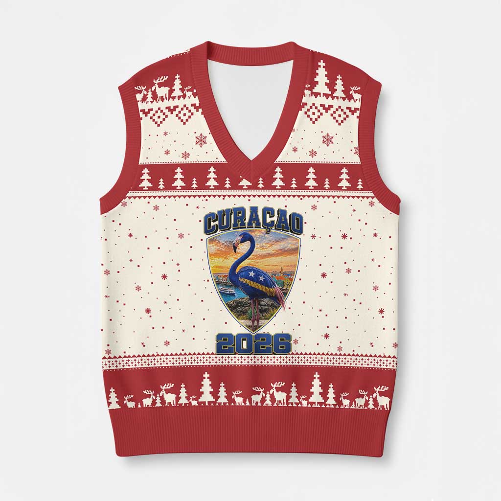 Funny Curacao Flamingo Soccer Lover V-Neck Knit Sweater Vest Caribbean Island Gift