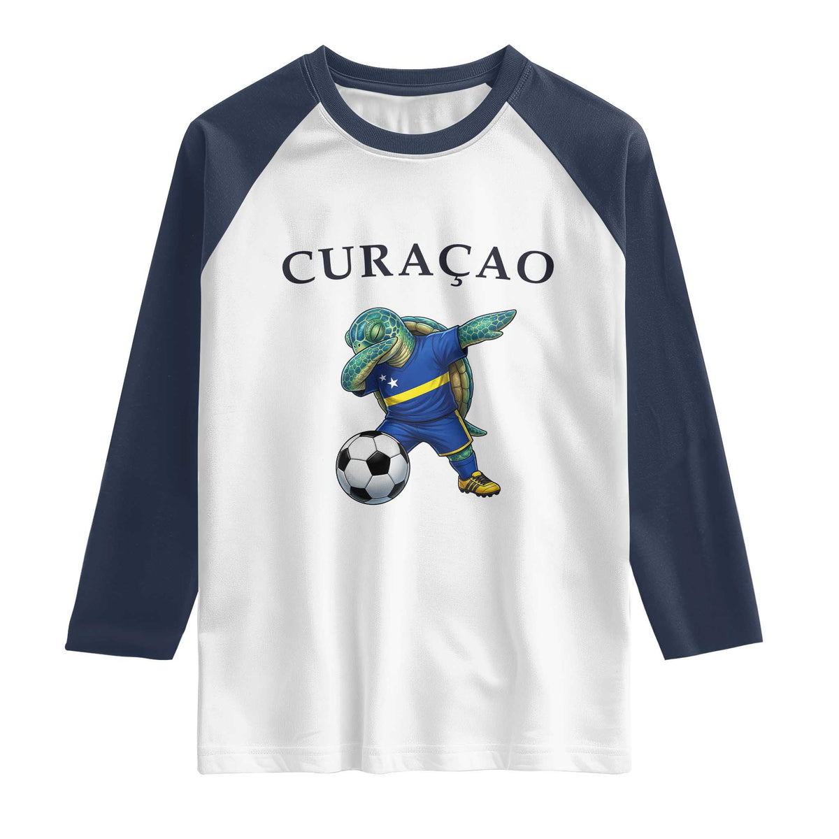 Funny Dabbing Sea Turtle Curaçao Soccer Fan Raglan Shirt Caribbean Pride Graphic