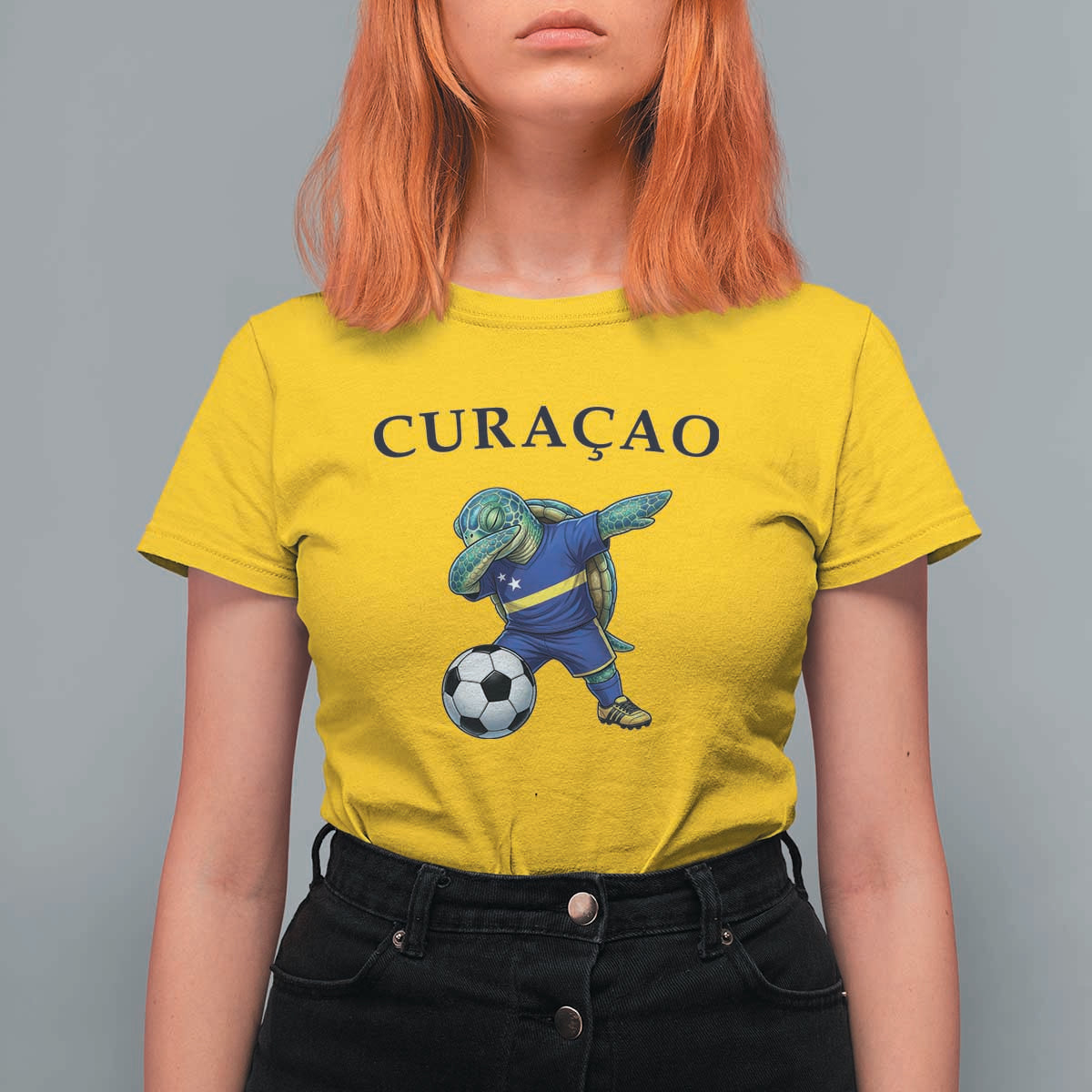 Funny Dabbing Sea Turtle Curaçao Soccer Fan T Shirt For Women Caribbean Pride Graphic