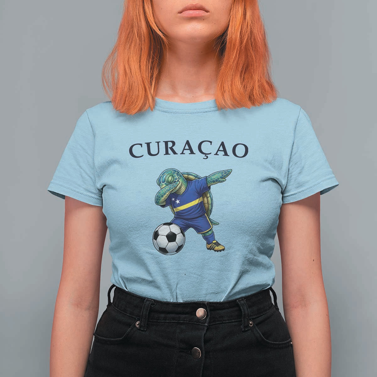 Funny Dabbing Sea Turtle Curaçao Soccer Fan T Shirt For Women Caribbean Pride Graphic