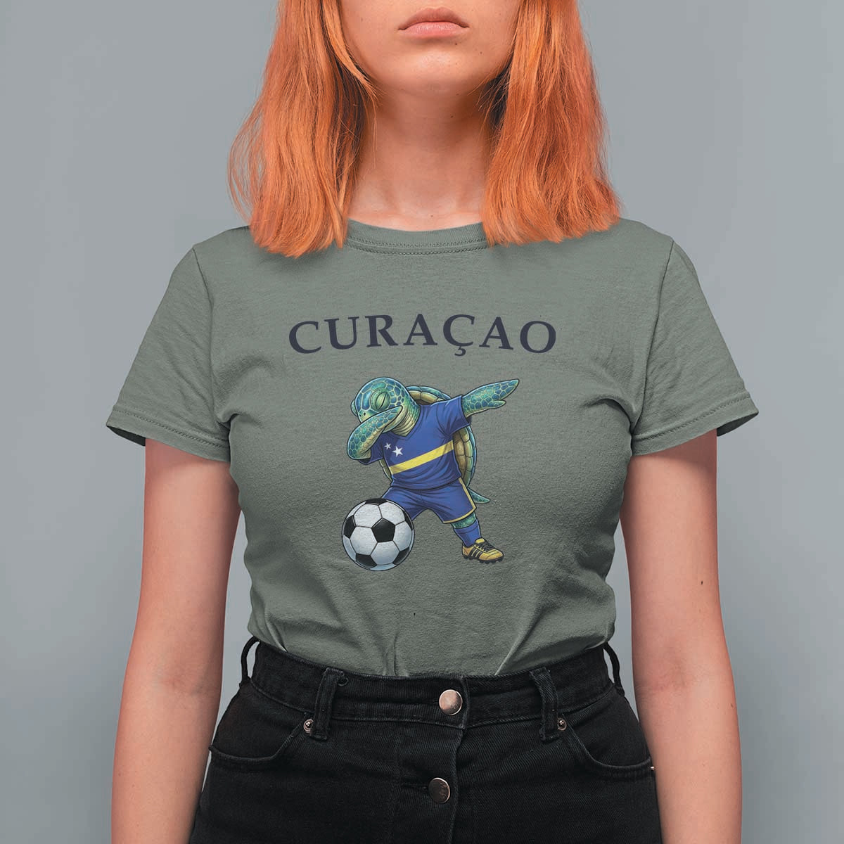 Funny Dabbing Sea Turtle Curaçao Soccer Fan T Shirt For Women Caribbean Pride Graphic