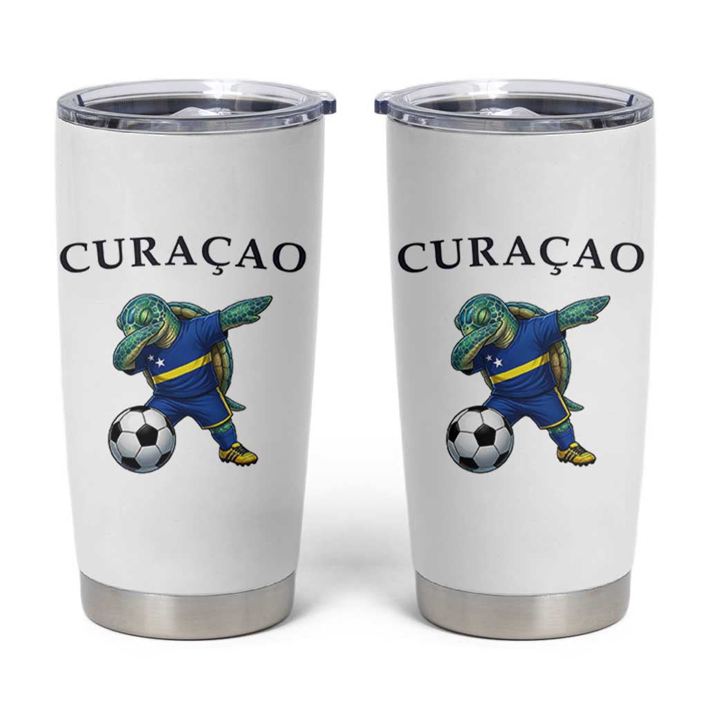 Funny Dabbing Sea Turtle Curaçao Soccer Fan Tumbler Cup Caribbean Pride Graphic