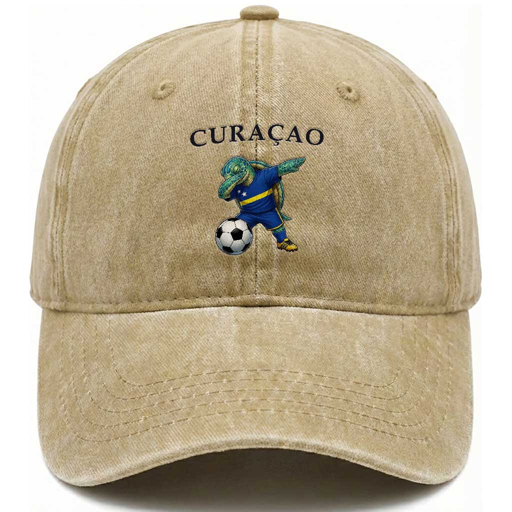 Funny Dabbing Sea Turtle Curaçao Soccer Fan Washed Cotton Baseball Cap Caribbean Pride Graphic