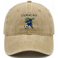 Funny Dabbing Sea Turtle Curaçao Soccer Fan Washed Cotton Baseball Cap Caribbean Pride Graphic