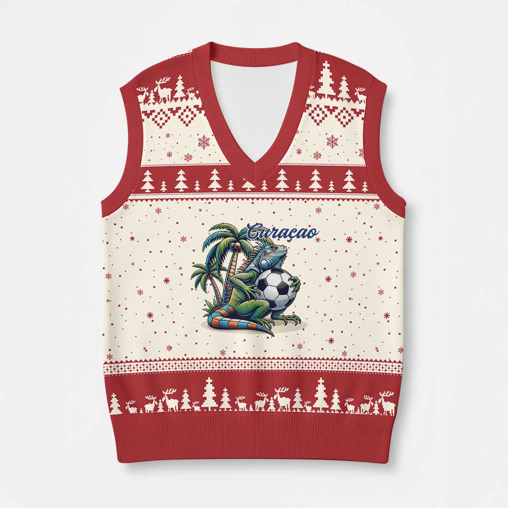 Funny Curaçao Iguana Soccer Fan V-Neck Knit Sweater Vest Caribbean Pride Football Graphic