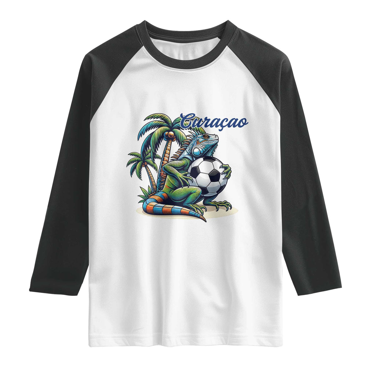 Funny Curaçao Iguana Soccer Fan Raglan Shirt Caribbean Pride Football Graphic