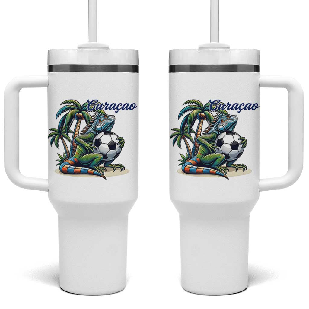 Funny Curaçao Iguana Soccer Fan Tumbler With Handle Caribbean Pride Football Graphic