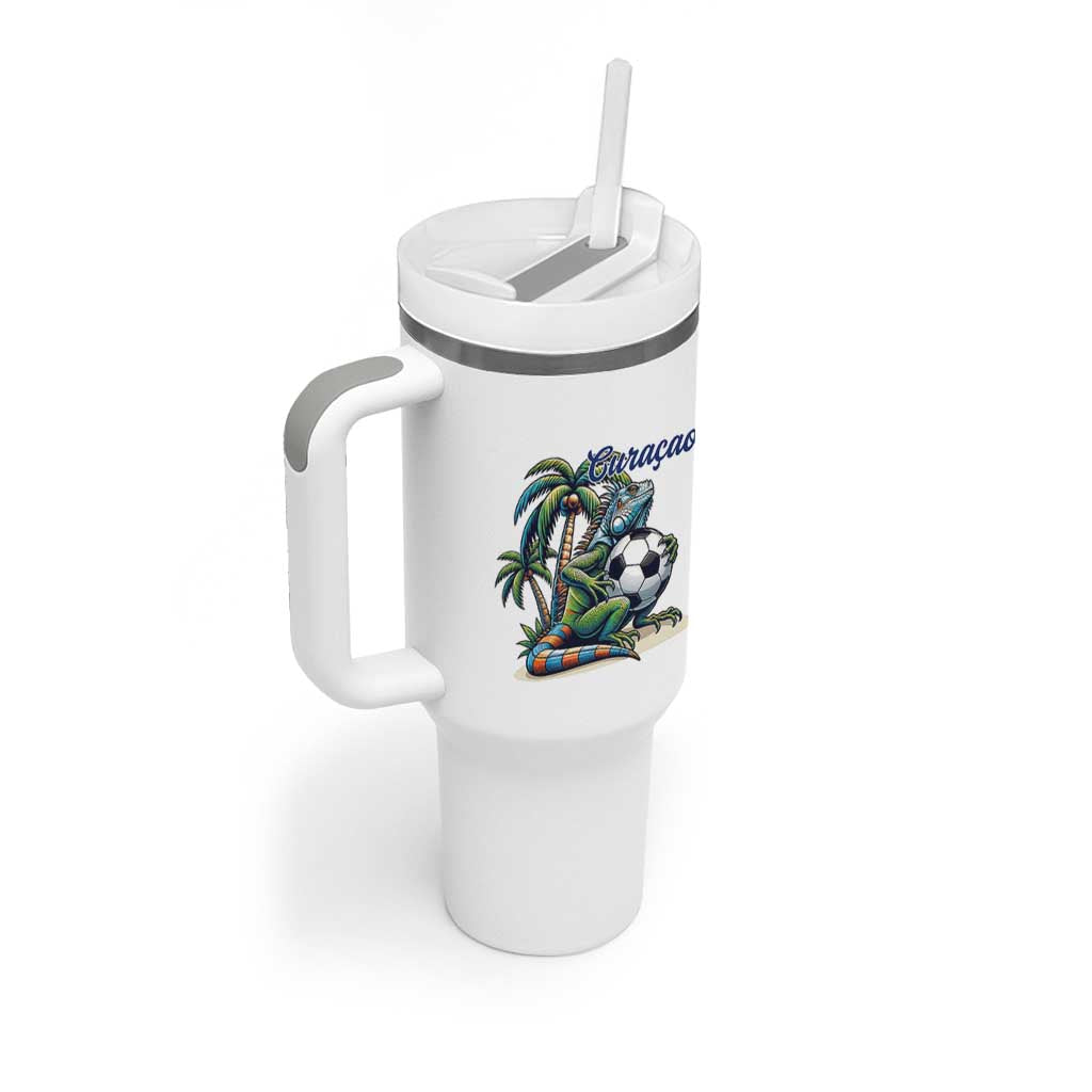 Funny Curaçao Iguana Soccer Fan Tumbler With Handle Caribbean Pride Football Graphic